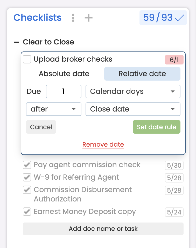 A Clear to Close task due 1 calendar day after the close date in Paperless Pipeline