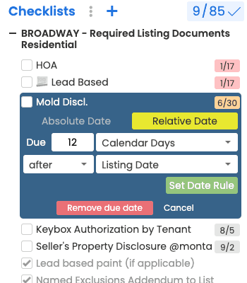 A checklist task due 12 calendar days after the listing date in Paperless Pipeline
