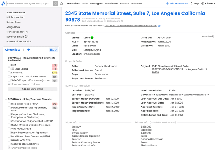 Paperless Pipeline transaction dashboard for real estate teams