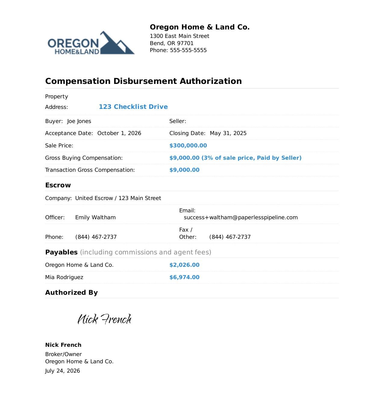 Compensation Disbursement Authorization generated by Paperless Pipeline showing the property, sale price, gross compensation, escrow company and payables to the brokerage and agent