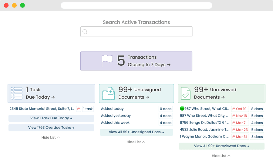 Paperless Pipeline dashboard showing transactions closing in 7 days, tasks due today, unassigned documents, and unreviewed documents