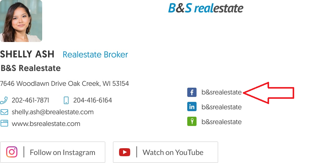 B&S Real Estate email signature with Facebook page link
