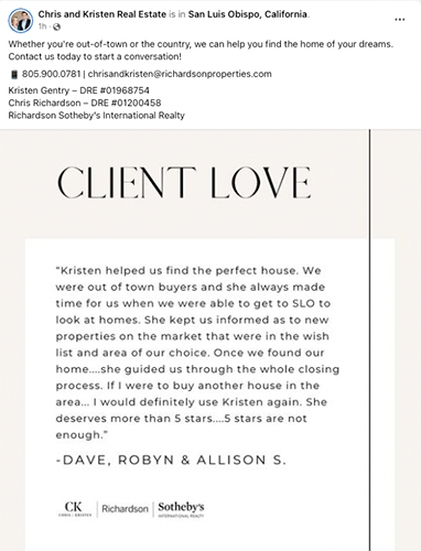 Chris and Kristen Real Estate Client Love testimonial post