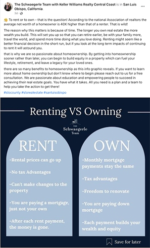 Schwaegerle Team educational Facebook post about renting vs owning