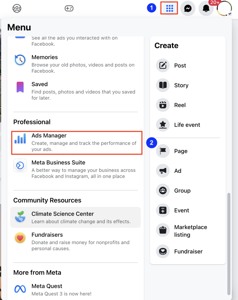 Meta Ads Manager campaign objective selection screen