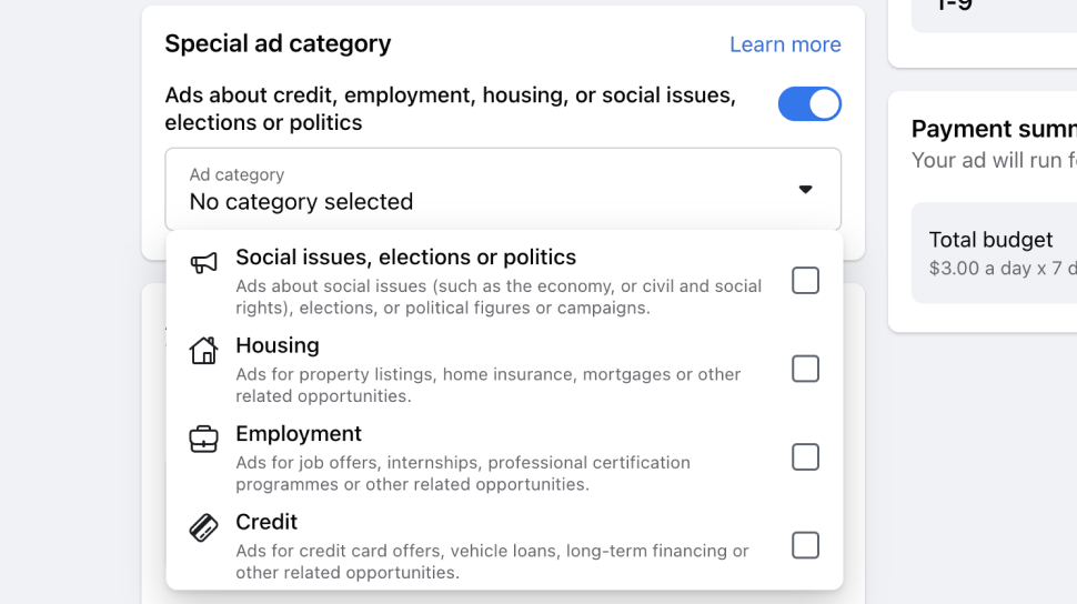 Facebook special ad categories Housing toggle