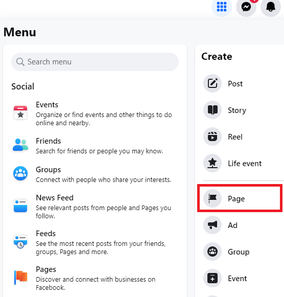 Facebook 'Create Page' dropdown menu