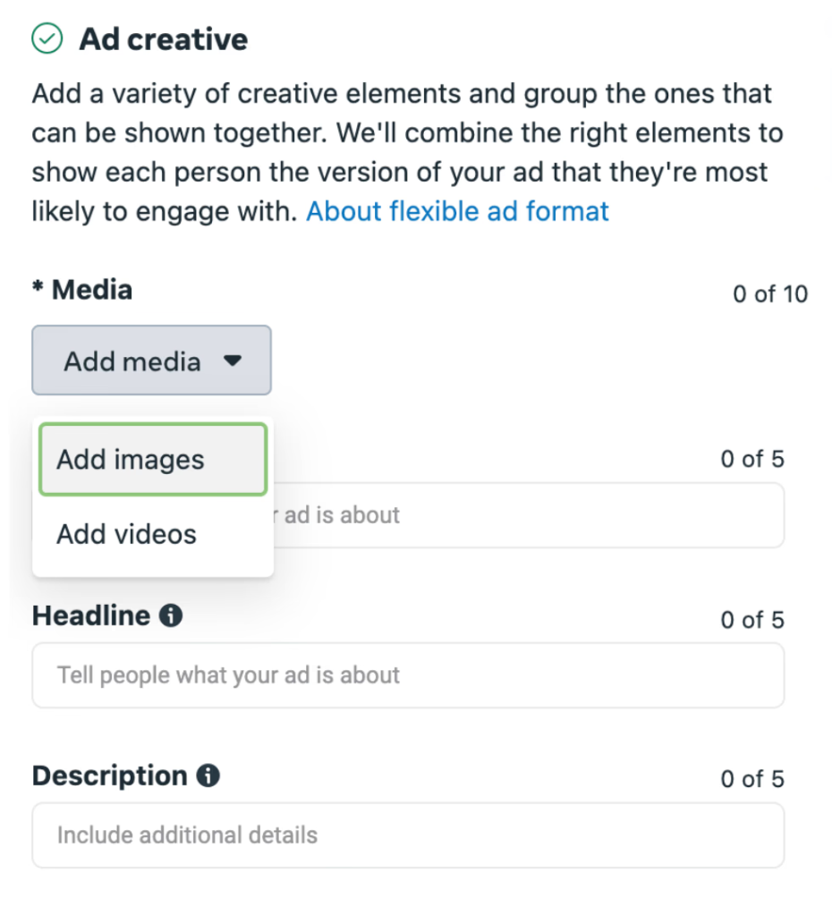 Facebook ad creative setup with single image, video, or carousel