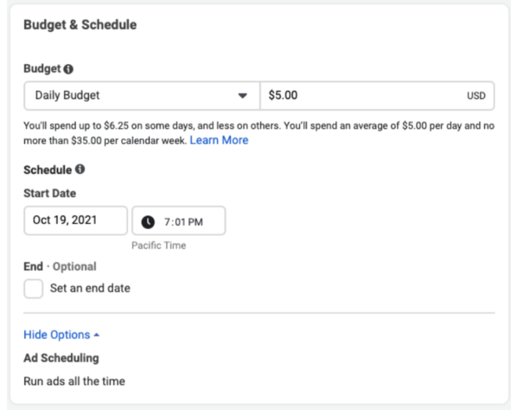 Facebook Ads Manager budget and schedule setup