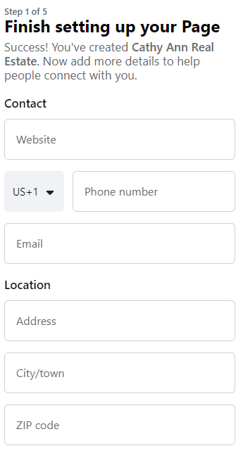 Facebook page contact information setup