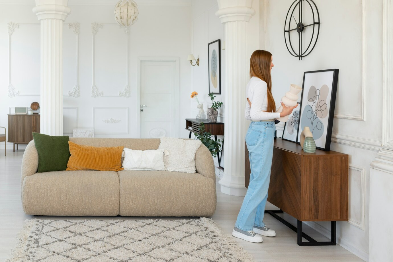 Woman in a minimal decorated room