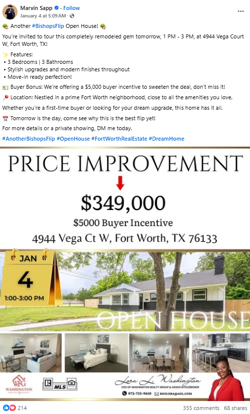 Marvin Sapp Facebook open house promotion