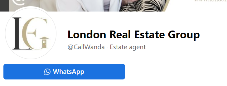 London Real Estate Group Facebook profile with WhatsApp CTA