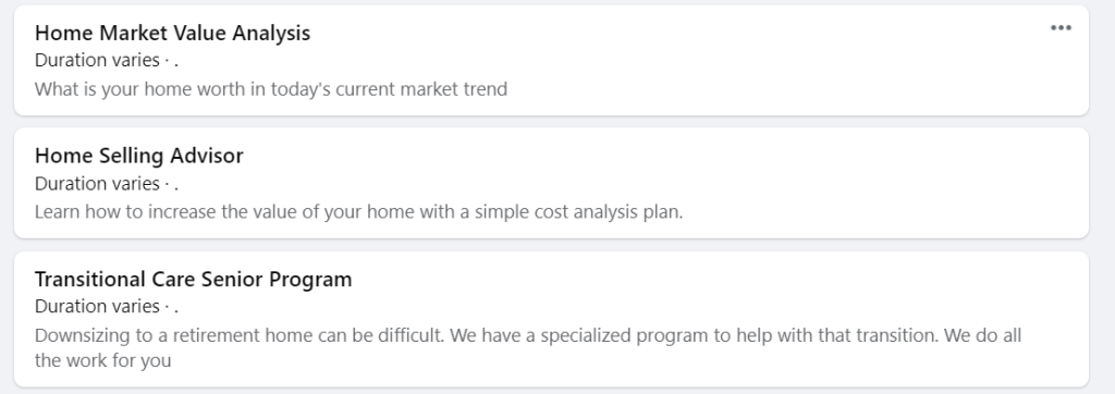 Facebook services section on a real estate business page