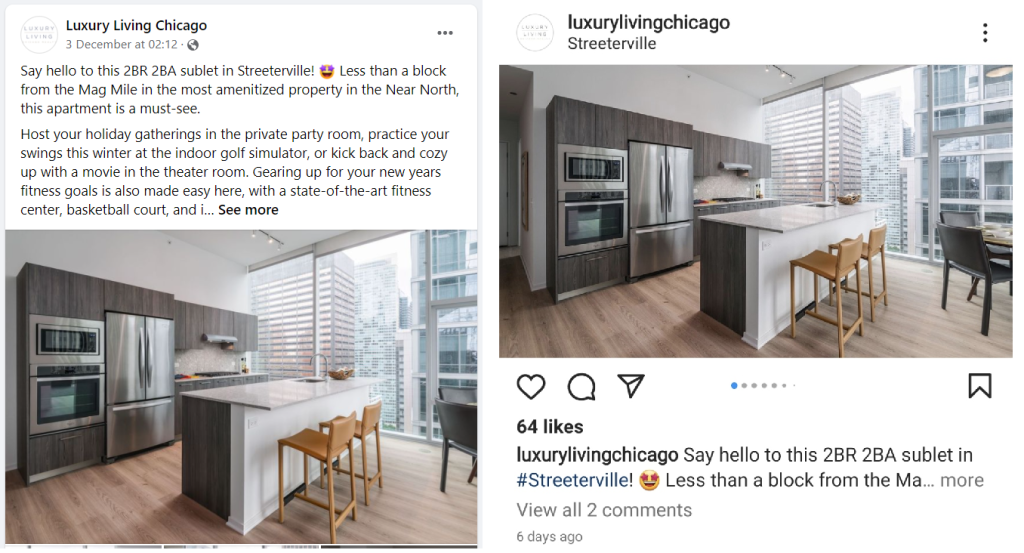 Luxury Living Chicago repurposing content across Instagram and Facebook