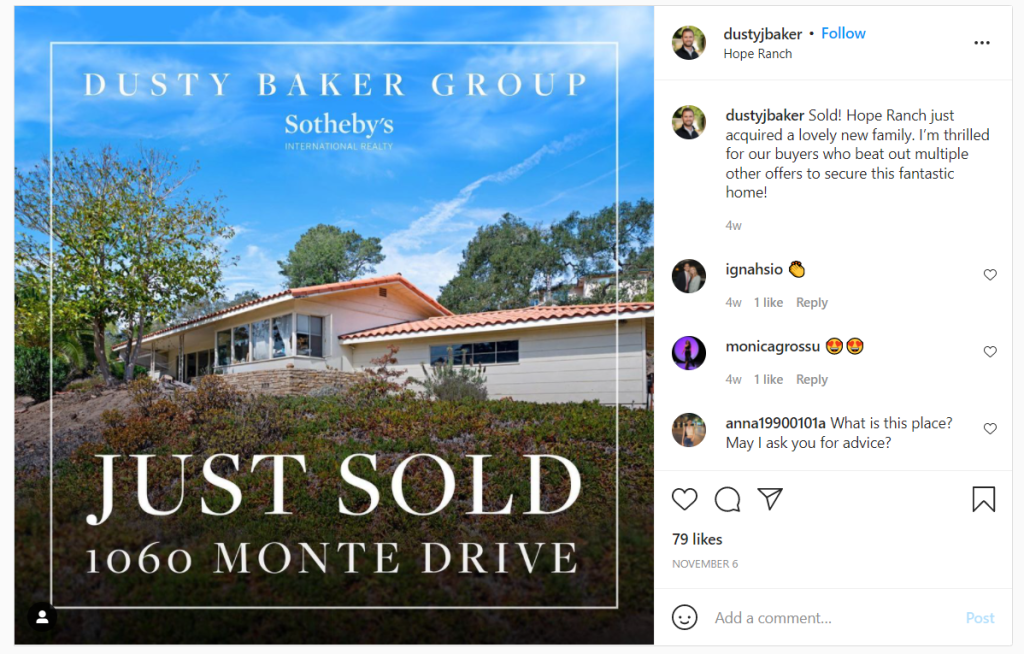 Dusty J. Baker Instagram social proof post