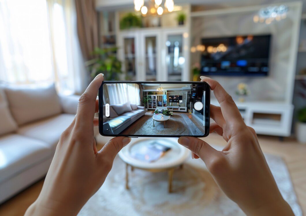 Smartphone mounted on a tripod filming a room